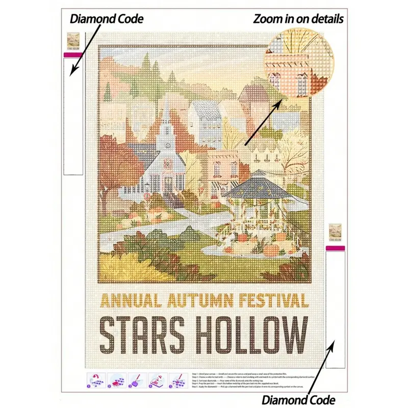 5D DIY Diamond Painting Kit, Stars Hollow Annual Autumn Festival Townscape, Gazebo & Church, Mosaic Canvas Wall Art, Home Decor, DIY Kits