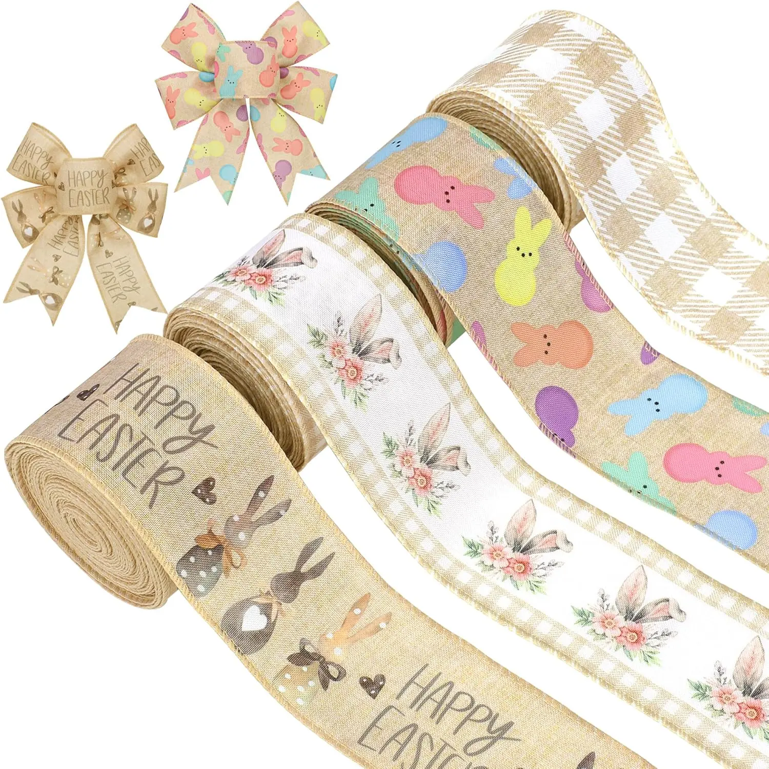 Easter Wired Edge Ribbon Farmhouse Easter Bunny Burlap Ribbons 2.5" Plaid Rustic Peeps Wired Ribbon for Easter Holiday Gift Wrapping Wreath Bow Decor DIY Craft, 24 Yards