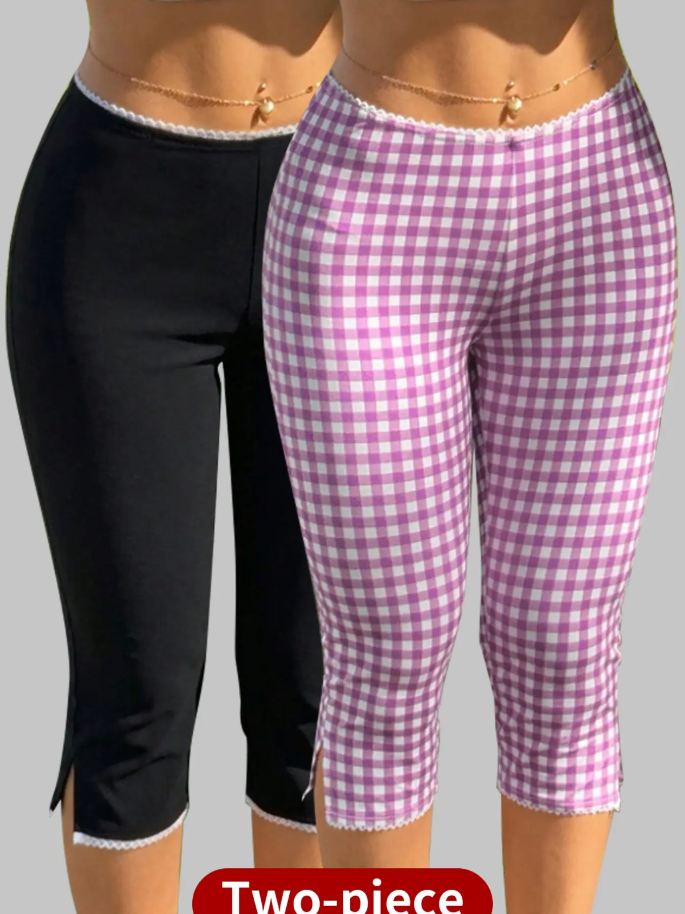 2-Pack Fashion Chic Capri Cropped Pants with Lace Trim, Mid-Waist Plaid Design, Tight-Fit Seven-Eighths Pants Bottoms, Multiple Colors Available, Cropped Capris, Womenswear