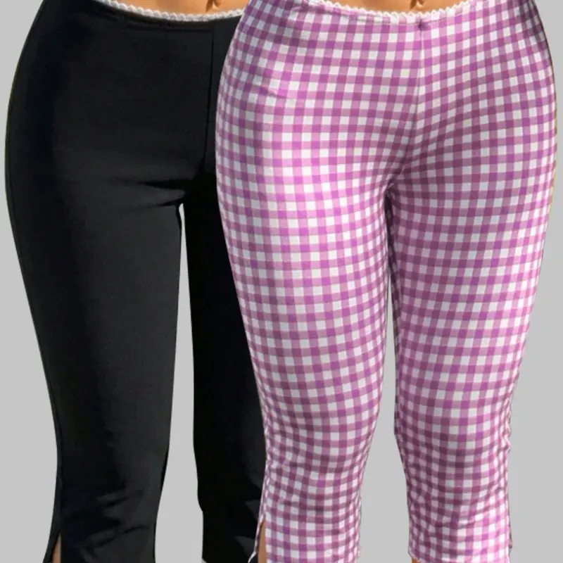 2-Pack Fashion Chic Capri Cropped Pants with Lace Trim, Mid-Waist Plaid Design, Tight-Fit Seven-Eighths Pants Bottoms, Multiple Colors Available, Cropped Capris, Womenswear