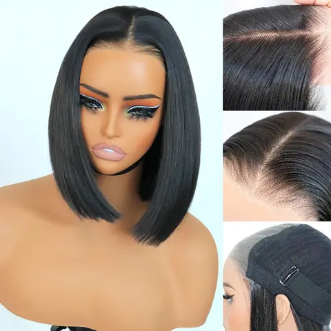 Wear and Go Glueless 9x7 Lace Front Synthetic Straight Wigs Double Drawn Bob Wig High Density, Natural Hairline with Tiny Knots