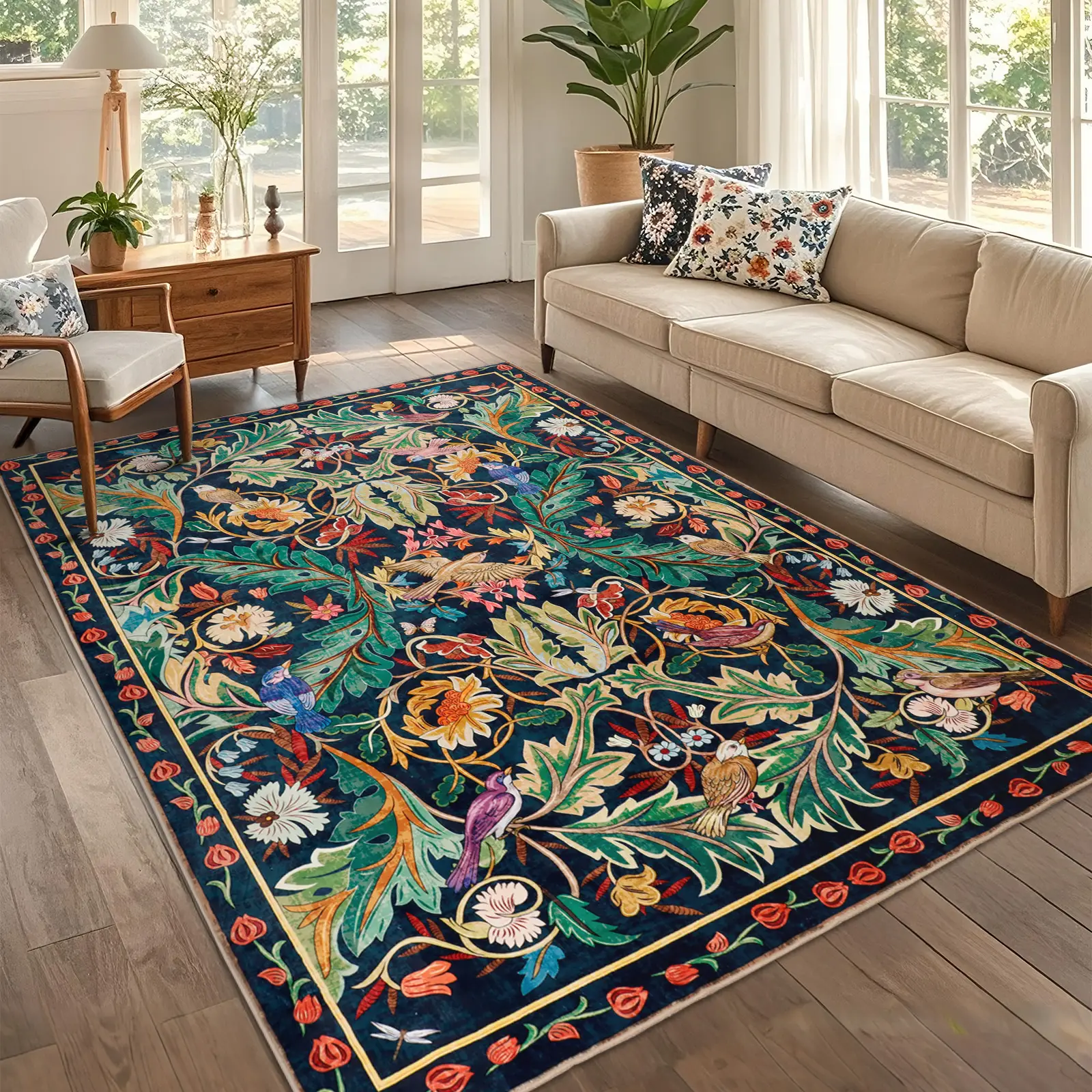 Geanup Christmas Washable Bird Rug Non Slip, Soft Boho Floral Kitchen Laundry Rug with Rubber Backing, Low Pile Runner Rug for Entryway Bedroom Living