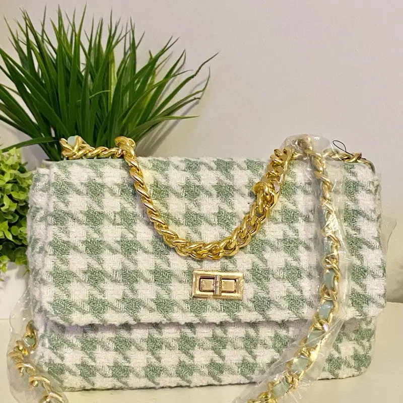Women's Top Handle Bag in Elegant Quilted Houndstooth Tweed with Gold Chain Shoulder Strap and Turn-Lock Closure, Quilted Texture, Any Outfit