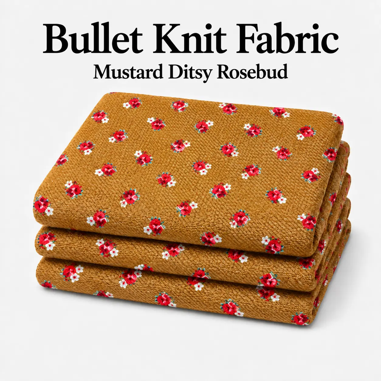 Mustard Ditsy Rosebud Bullet Knit Fabric, Textured 4-Way Stretch, 96% Polyester 4% Spandex, 58 in, 200 GSM, by the Yard