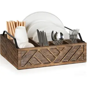 Portable 6-Compartment Kitchen Paper Plate Dispenser & Utensil Holder with Handles, Farmhouse Style Wooden Organizer for Disposable Plates, Forks, Knives, Spoons, Napkins, Cups & Straws Countertop