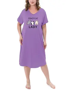 FEREMO Women's Plus Size Long Nightgown V-Neck Sleep Shirt Short Sleeve Fitted Soft Comfortable All-Season Loungewear for Indoor Wear