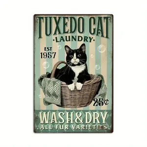 Vintage Metal Tin Sign Wall Art Decor for Farmhouse Laundry Room Featuring Tuxedo Cat Laundry Establishment 1957 and Wash Dry All Fur Varieties Perfect Gift