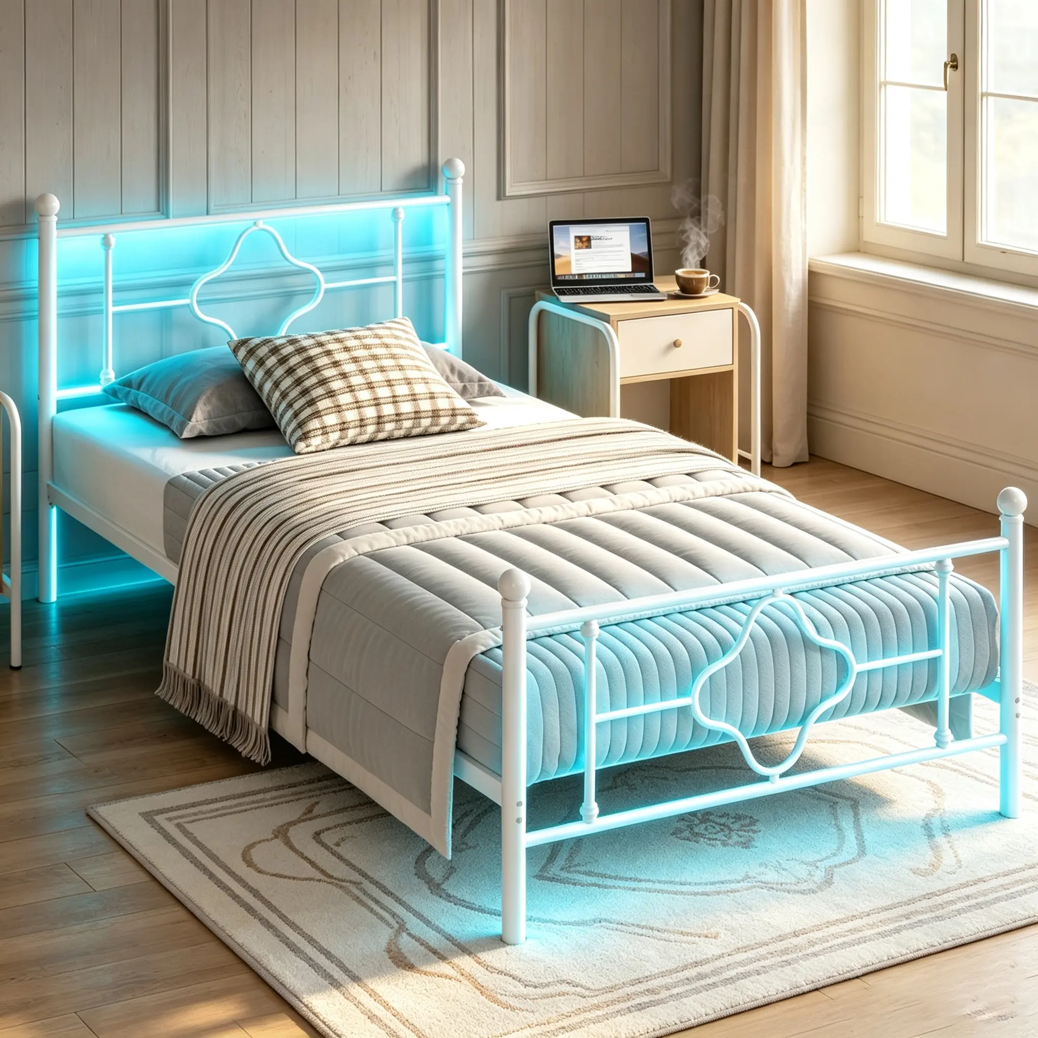 CollaredEagle Twin Size Metal Platform Bed Frame with Headboard, Footboard, Charging Station, LED Lights, Controller, Storage, Sturdy Durable Heavy-Duty Slat Support, No Noise