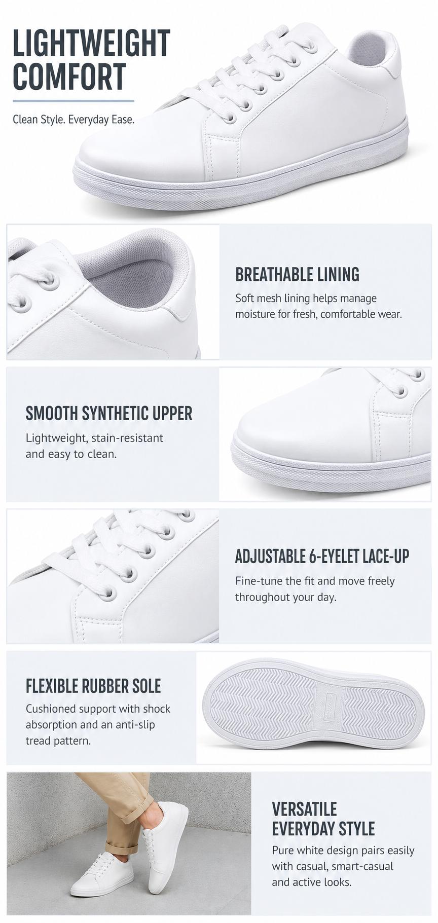 Jousen Men's Plain Round Toe Casual Sneakers, Breathable White Fashion Men's Shoes,shoes for back to school,back to school shoes