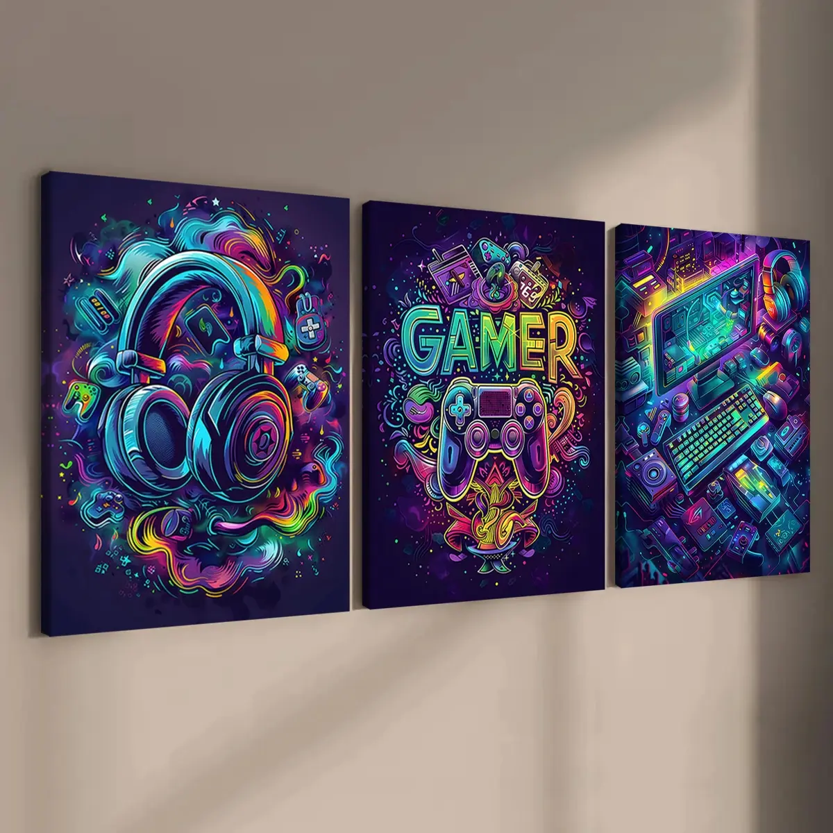 3 count wooden frame canvas, Art Canvas Prints, Print Design, Neon game console poster, esports room Decoration, Aesthetic Wall Decor, Stylish Room Bedroom poster, Modern Art Home Decoration, Living Room and corridor wall Decoration, HD, waterproof, Art
