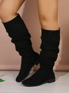 Blogger Favorite Slouch Boots, Women's Crinkle Suede Knee High Boots with Chunky Heel, Thick Heeled Boots, Black Khaki Slip On Autumn Winter Boots