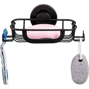 Soap Dish Bar Soap Holder Suction Cup with 4 Hooks, Stainless Steel Soap Saver Tray for Shower Wall, Bathroom, Kitchen, Rustproof Drill-Free Soap Bar Holder, Black