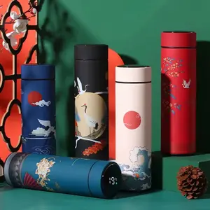 Chinese Style Vacuum Flask with Temperature Display Retro Smart Insulated Water Bottles 304 Stainless Steel Thermal Cup Travel