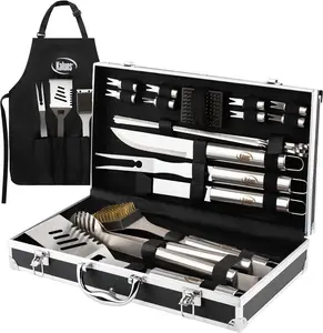 Kaluns Grilling Accessories 21-Piece Stainless Steel Grill Set with Aluminum Storage Case, Apron, Grill Brush, 4-Skewers & 8 Corn Holders