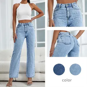 AprPith Sparkling High - Waisted Blue Denim Jeans for Women - Rhinestone Embellishments