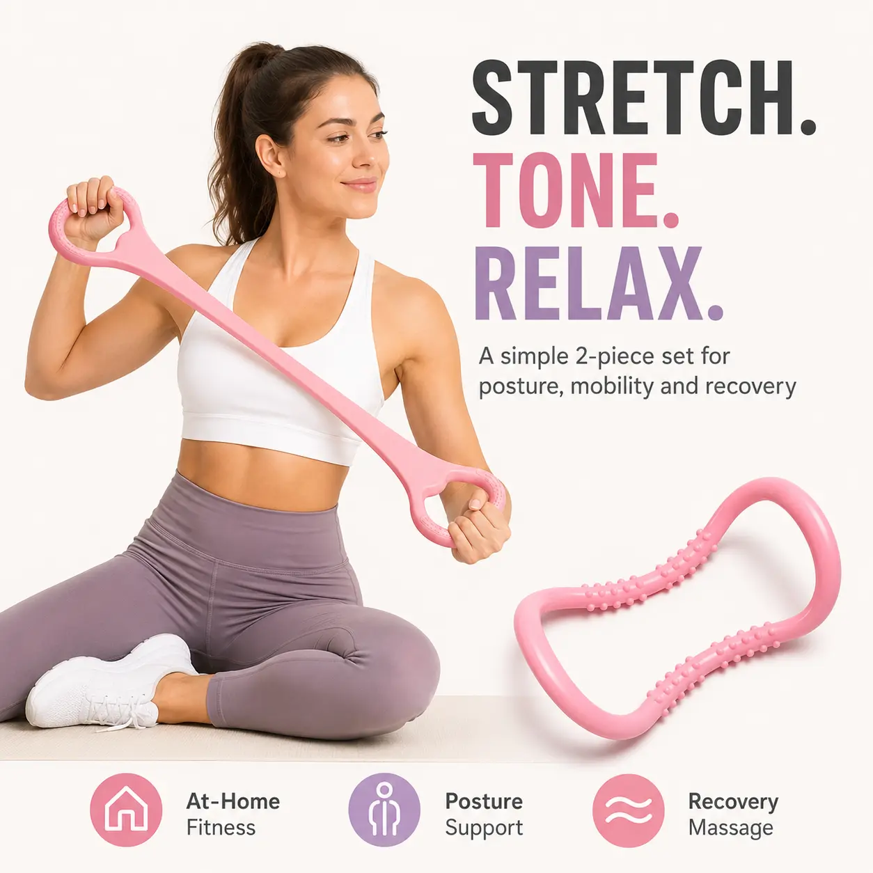 2-Piece Figure 8 Resistance Band & Spiky Massage Ring Set for Women TPE Shoulder Opener and Back Stretch Trainer for Full Body Mobility Yoga Pilates Home Workout & Recovery,elastic