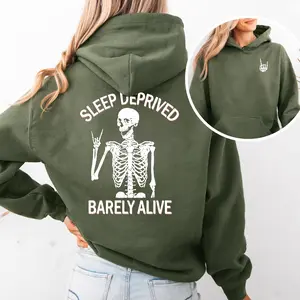 Sleep Deprived Hoodie, Skeleton Graphic Design, Funny Quote Barely Alive Hoodie, Trendy Streetwear , Men's Clothing, Gift For Him