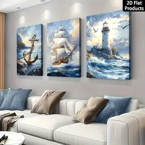3 Pieces Canvas Poster, Sailboat, Anchor, Sailboat and Lighthouse for Living Room
