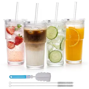 Deluxe 4-Pack 20oz Ribbed Glass Tumbler Set with Leak-Proof Lids, Glass Straws & Protective Silicone Sleeves. Reusable Clear Iced Coffee Cups for Boba Tea & Smoothies. Dishwasher Safe Aesthetic Drinkware for Home Office Kitchen Use