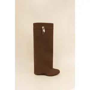 Brown Suede Knee-High Boots with Silver Lock Detail – Luxe Minimalist Edge