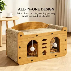 3-in-1 Corrugated Cardboard Scratcher House for Indoor Felines - Durable Scratching Lounge, Sofa Bed, and Teaser Balls (Cat Scratching Pad & Post Furniture)