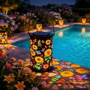 Colorful Sunflower Glow Solar Garden Lantern, 2026 New Sunflower Solar Lantern, Solar Hanging Lantern with Colorful Projection, Waterproof Metal Solar Light for Patio, Yard, Garden Pathway Decor