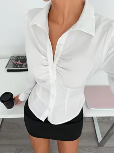 Women's Solid Pleated Button Long Sleeve Shirt, Collared Shirt, Blouse, Elegant Office Shirt, Teacher Clothing, Fall Fashion, All Seasons