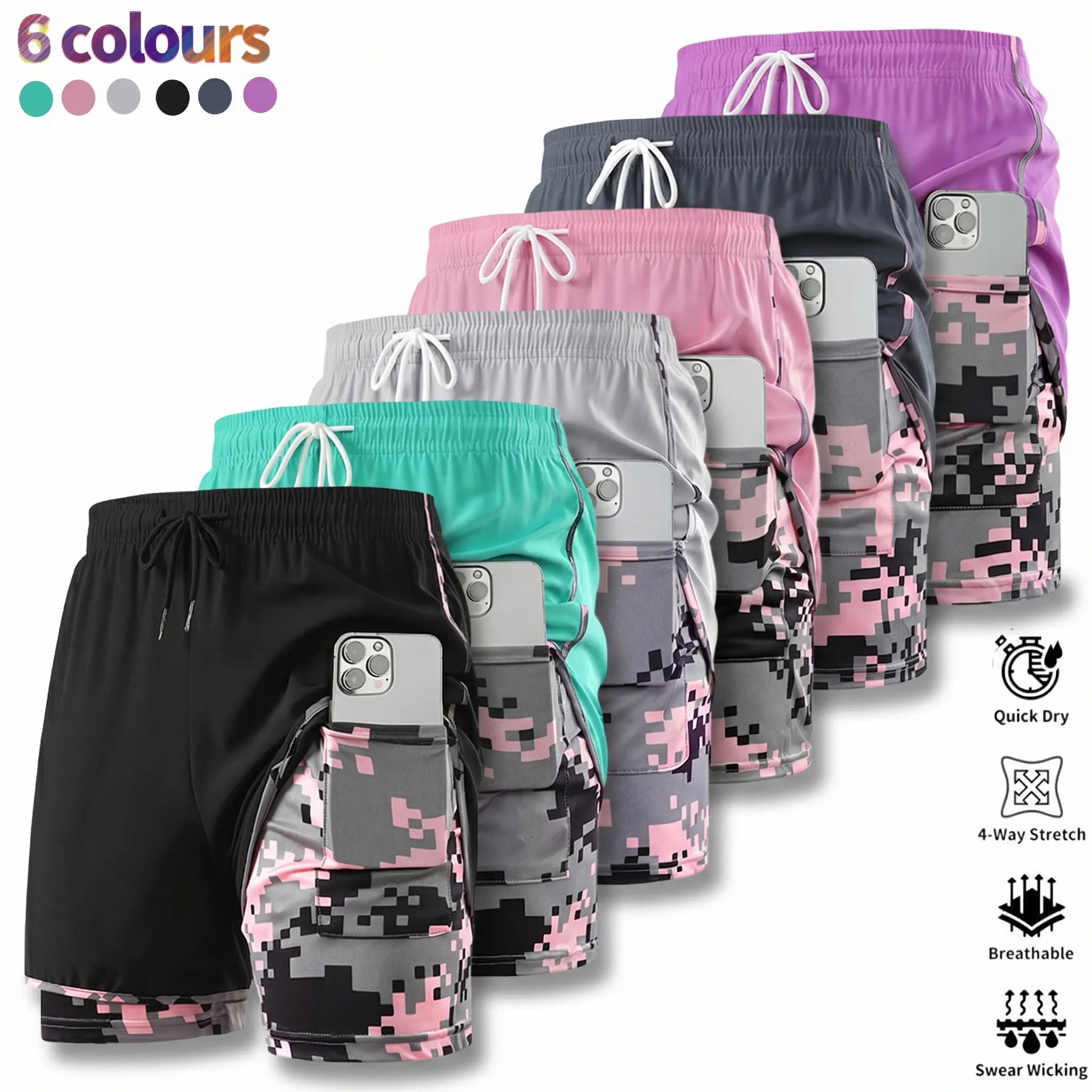 Pack of 5 women’s summer faux two-piece athletic shorts, anti-exposure design, quick-dry, high stretch waistband, phone pocket, knee-length shorts for running, fitness, yoga training