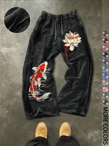 Men's Casual Loose Cotton Sport Pants, Koi Pattern Print, Floral Print Sweatpants, Outdoor, Party, Home Comfort, Street Style, Drawstring Waist, All Seasons, Athleisure Style Bottoms, Casual Sporty Pants