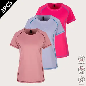 3-pack women’s quick-dry sports T-shirts — slim fit, figure-flattering short sleeves for yoga and running; stretchy, breathable crew neck athletic tops suitable for jogging, workouts, fitness, and yoga; women’s apparel