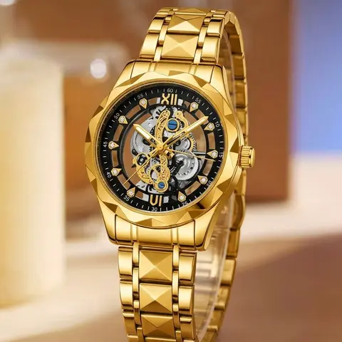 High-End Men's Exquisite Openwork Skeleton Dial Quartz Watch - Analog Display, Metal Strap, Buckle Closure, Round Face, Luminescent Hands, Detailed Craftsmanship, Silver Elegant Timepiece with Distinctive Appeal, Father's Day Gift