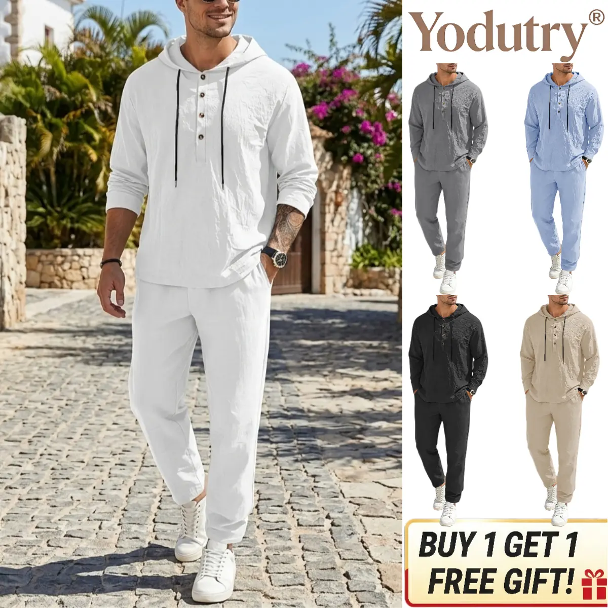 Men’s Linen Hooded Set| Solid Color Long Sleeve Hoodie & Drawstring Pants Casual Outfit