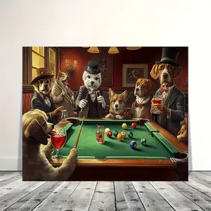 1-Piece Anthropomorphic Dog Billiards Wall Art - Retro Modern 2D Flat Wood Framed Canvas Poster, High-Quality Printed Horizontal Home Decor for Living Room, Classic Gentleman Game Room