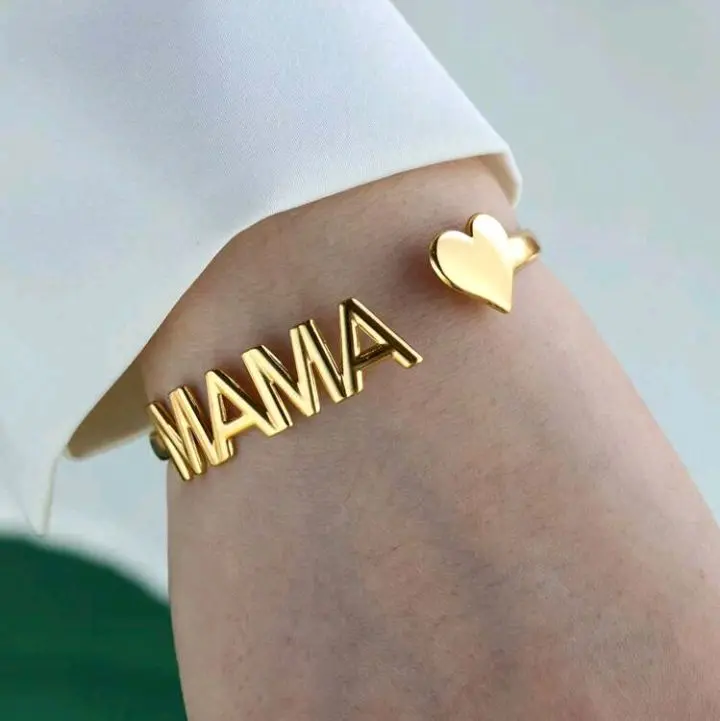 Mama Bracelet with Heart Charm and "MAMA" Text, Gold Finish, Adjustable Design