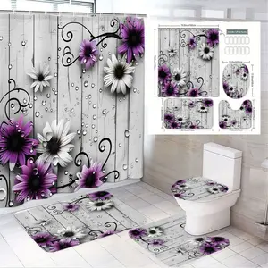 1/4pcs Floral Bathroom Curtain Set Purple White Daisies Black Vines Water Droplets Wooden Background - 4-Piece Bath Curtain + 2 Mats + Toilet Cover + Hooks, Elegant Gray-White Wood Backdrop, Perfect for Spring/Summer/Victorian Style Bathroom Decor