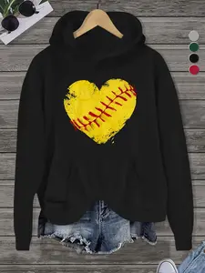Women's Printed Softball Heart Hoodie - Long Sleeve Pullover with Front Pockets, Black Fall/Winter Sweatshirt, Machine Washable Polyester Fabric.Spider hoodie,graphic hoodies,hoodies for women