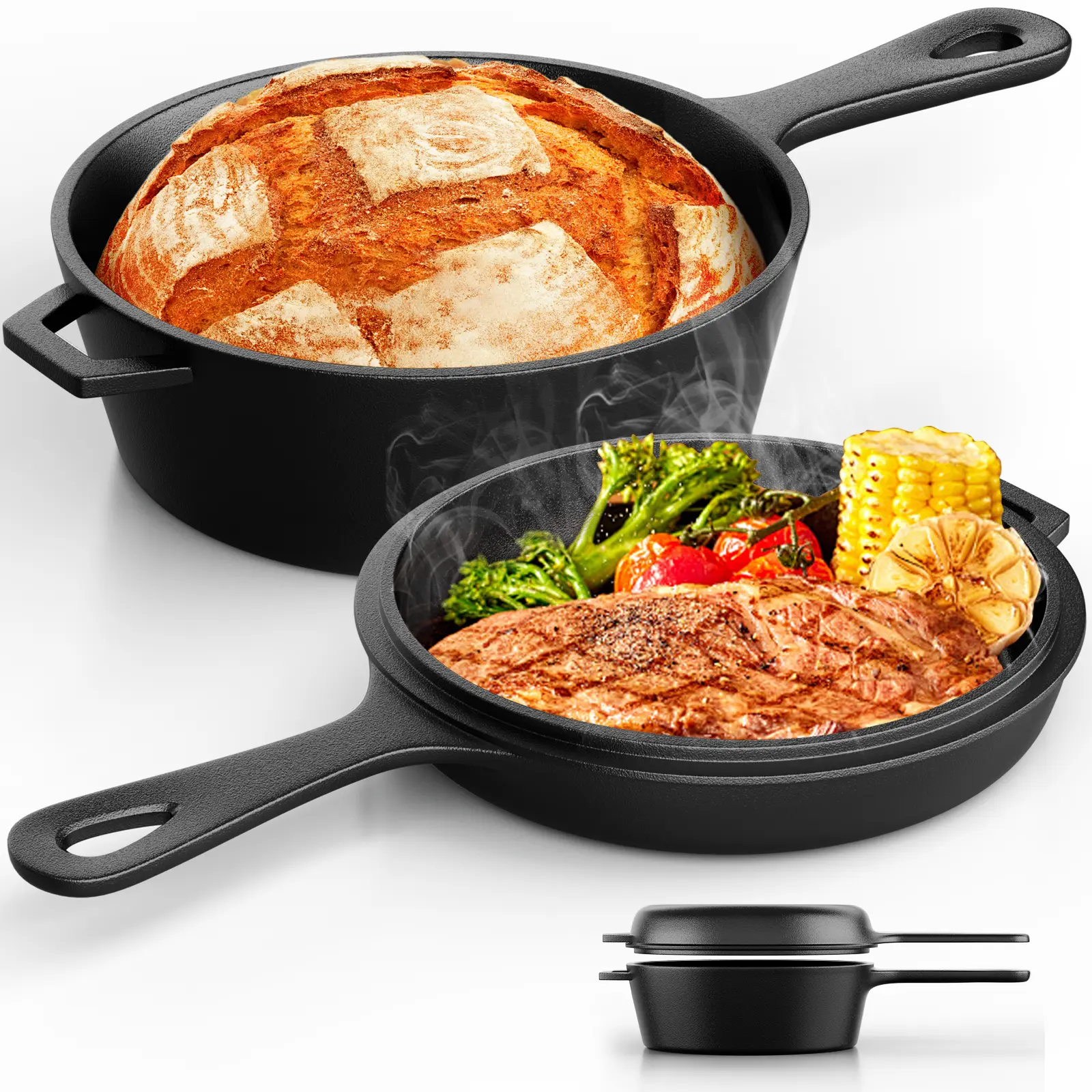 TLGREEN 2-in-1 Cast Iron Dutch Oven Pot, with Skillet & Lid - 2.9 Qt Deep Pot + 1.27 Qt Frying Pan, Versatile for Oven, Stove, Grill, Campfire, Cooking Pot Multifunctional Cooker, Kitchen Appliances, pan