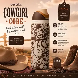 Owala Color Drop 32oz FreeSip Cowgirl Core Cow Print Water Bottle- Insulated Stainless Steel Water Bottle with Straw & Flip Lid | Vacuum Insulated Travel Cup