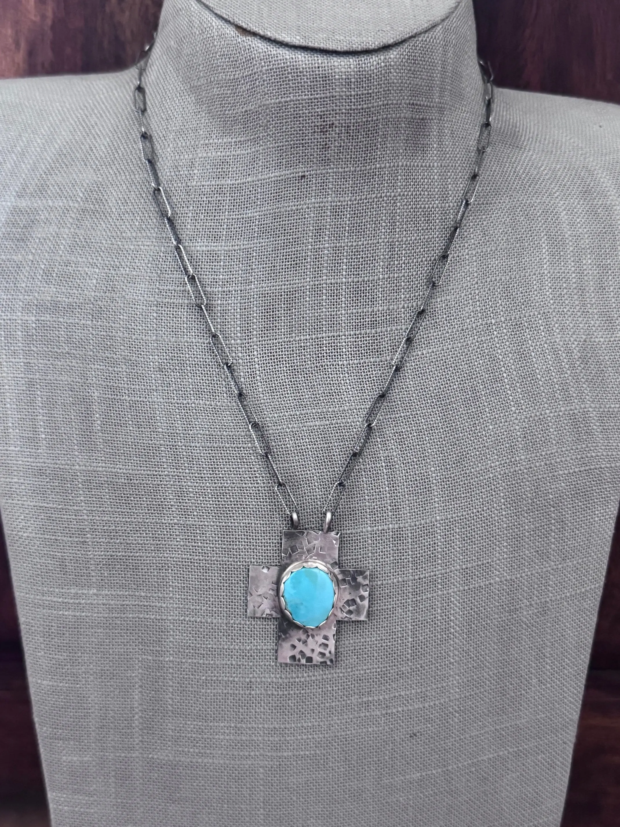 Handmade Sterling Silver Chilean Turquoise Cross 18" Necklace by Roaming Buffalo
