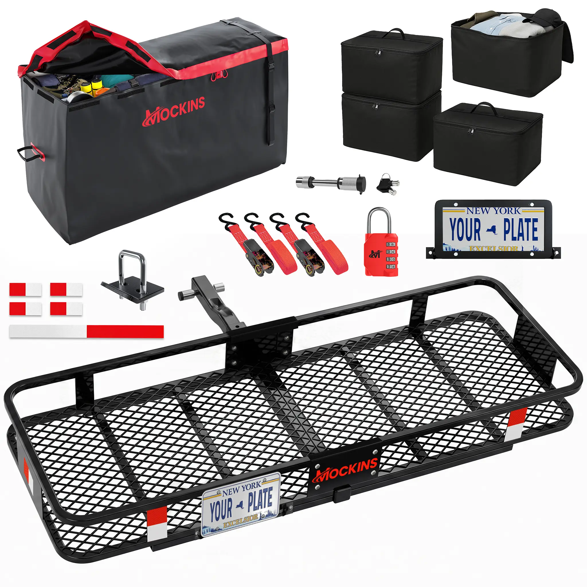 Mockins Rustproof Metal Hitch Mount Cargo Carrier (500 lbs Capacity, 48"lx18"wx31"h) with 15 cu ft Cargo Bag, 4 Packing Cubes, Universal Automotive Rear Rack Accessories