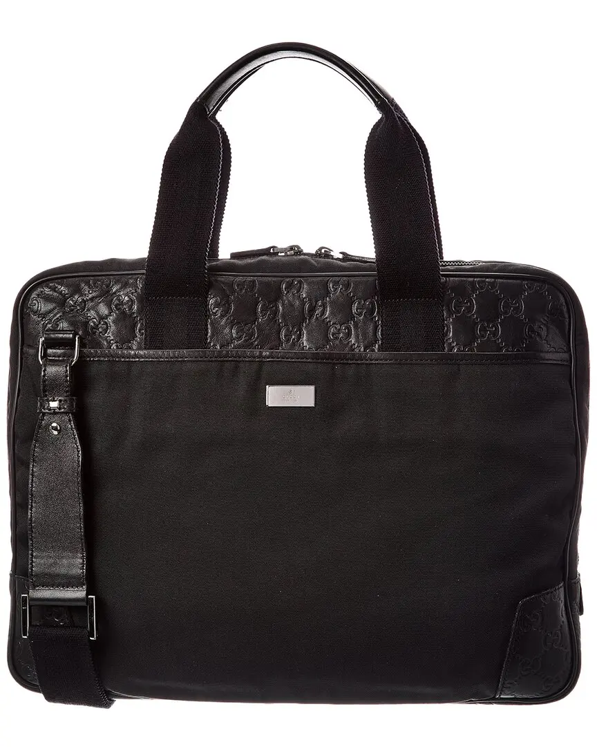 Gucci Black Calfskin Embossed & Canvas Briefcase (Authentic Pre-Loved)