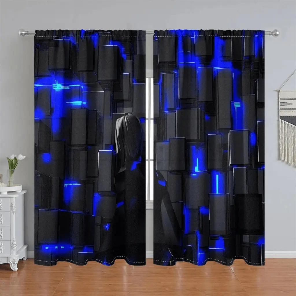 2Pcs Futuristic Blue Light Cube Printed Curtain Panel, Polyester Curtain, Window Curtains, Abstract Geometric Design, Pole Pocket Style, Semi-Sunshade, for Home Living Room, Bedroom, Balcony, Window Decoration, Anti Privacy