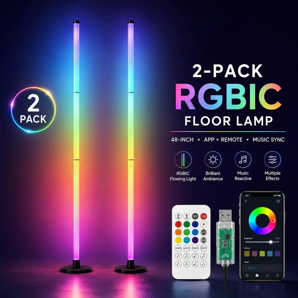 1PC/2PCS Smart RGB LED Floor Lamp - LED Lights with 16M Colors, 68+ Dynamic Scenes, Music Sync, USB-Powered, for Living Room Decor, Home Decor Items, Lights for Bedroom, Gaming Setup Accessories, Holiday Gifts