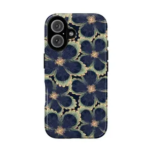 Midnight Blue Floral Tough Case – Retro-Inspired Artistic Flower Print Cover Phone Case Suitable for IPhone 17, 16, 15, 14, 13, 12, 11 Pro Max, X, XR, XS Max, 8, and 7 Plus