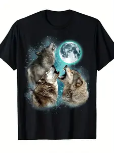 Men's & Women's 3 Wolf Moon Howling Wolf Pack T-Shirt - Retro Graphic Tee with Howling Wolves & Full Moon Design, Comfortable Casual Wear for Parties, Everyday Outfits, Machine Washable (Regular Fit)