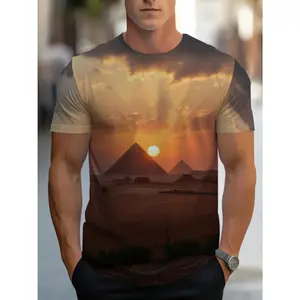 Men's Egyptian Desert Sunset Pyramid Graphic T-Shirt - Lightweight Breathable Tee for Travel, Beach, Everyday - Soft Regular Fit Casual Shirt with Pyramid Print in Orange, Yellow, Red - Ideal Summer Outfit for Men, Comfortable Fit