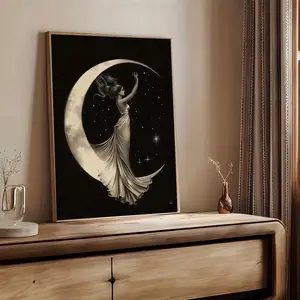Modern Art Abstract Poster Print, Goddess Standing on Crescent Moon, Mythical Wall Art, Unframed Canvas, Ideal Gift for Living Room Bedroom Hallway Decor
