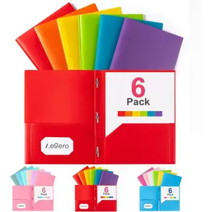 Folders with Pockets and Prong with Fasteners (6 Pack, Assorted Colors), Durable Tear Resistant Plastic 2 Pocket 3 Prong Folders for Schoolwork & Office, Letter Size