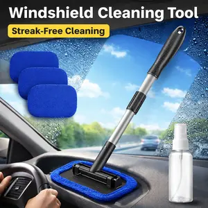 Windshield Cleaner Tool – Microfiber Car Window Cleaner with 4 Reusable Washable Pads, Extendable Handle Auto Inside Glass Wiper Kit for Streak-Free Shine, Blue