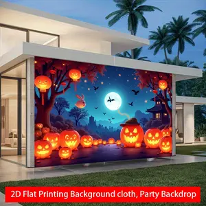 1pc Polyester Halloween Party Banner Background Cloth, Multi-size with Oriental Style, Jack-o'-lanterns and Moonlit Night Design, Suitable for Yard, Wall Design and Indoor Decoration.